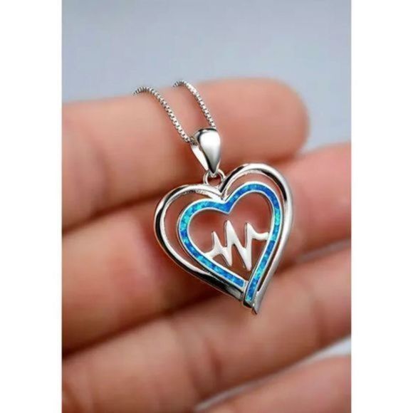 Blue OPAL ON SILVER HEARTBEAT NECKLACE - Picture 2 of 5